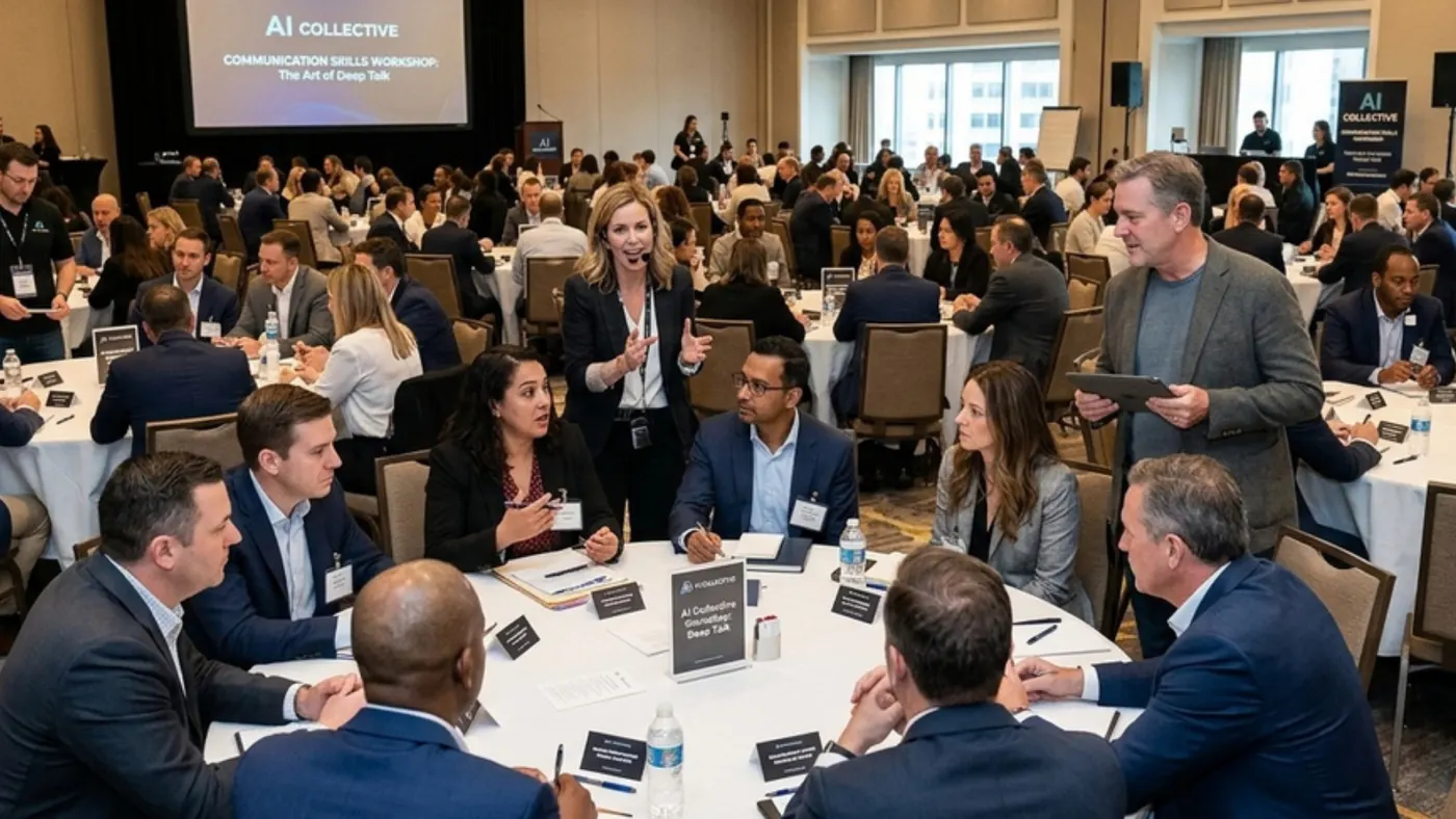 Managers working in small groups around round tables, a facilitator standing among them